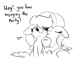 Size: 4412x3557 | Tagged: safe, artist:tjpones, imported from derpibooru, applejack, fluttershy, earth pony, pegasus, pony, comic:making the most, appleshy, belly button, black and white, cheek kiss, comic, dialogue, eeyup, explicit source, eyes closed, female, floppy ears, futa, futa applejack, futa on female, grayscale, intersex, kissing, lineart, mare, monochrome, shipping, simple background, white background