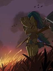 Size: 3000x4000 | Tagged: safe, artist:flaremoon, imported from derpibooru, oc, oc:mercury haze, pony, unicorn, armor, female, fire, grass, grass field, guard, guardsmare, mare, royal guard, war, weapon