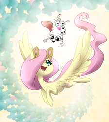 Size: 1000x1114 | Tagged: safe, artist:miles, artist:themiles, imported from derpibooru, fluttershy, butterfly, dalmatian, dog, pegasus, pony, 101 dalmatian street, 101 dalmatians, colored ears, crossover, destiny (101 dalmatian street), duo, female, flying, hair over one eye, looking at each other, looking at someone, looking up, mare, midair, open mouth, open smile, smiling, spread wings, turned head, wings