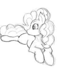 Size: 3024x4032 | Tagged: safe, artist:dbzxking, imported from derpibooru, pinkie pie, earth pony, pony, curious, cute, cute eyes, diapinkes, female, high res, interested, looking sideways, lying down, mare, missing cutie mark, monochrome, no mouth, prone, simple background, sketch, solo, white background