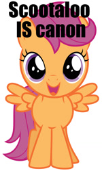 Size: 769x1280 | Tagged: safe, imported from derpibooru, scootaloo, pegasus, pony, (x) doubt, captain obvious, caption, cute, cutealoo, female, filly, front view, happy, i want to believe, op is right, open mouth, open smile, purple eyes, simple background, small wings, smiling, solo, spread wings, tail, text, white background, wings, you don't say