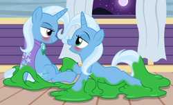Size: 3156x1914 | Tagged: safe, artist:badumsquish, derpibooru exclusive, imported from derpibooru, trixie, oc, goo, goo pony, original species, pony, succublob, succubus, unicorn, alternate eye color, bed, bedroom eyes, blushing, canon x oc, curtains, eye contact, female, flirting, green eyes, high res, horn, imminent sex, lesbian, living clothes, looking at each other, mare, melting, missing cutie mark, moon, narcissism, one eye closed, open mouth, open smile, purple eyes, self ponidox, selfcest, shapeshifting, shipping, show accurate, sitting, slime, smiling, smiling at each other, smirk, tail, trixie's wagon, twinning, window