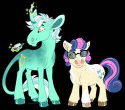 Size: 1500x1314 | Tagged: safe, artist:owlcoholik, imported from derpibooru, bon bon, lyra heartstrings, sweetie drops, earth pony, pony, unicorn, black background, chibi, coat markings, curved horn, glasses, height difference, hoers, horn, leonine tail, magic, redesign, simple background, tail