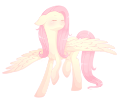 Size: 2924x2352 | Tagged: dead source, safe, artist:poncorn, imported from derpibooru, fluttershy, pegasus, pony, blushing, chest fluff, cute, eyes closed, female, floppy ears, happy, high res, mare, raised hoof, raised leg, shyabetes, simple background, smiling, solo, spread wings, standing, turned head, white background, wings