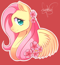 Size: 1024x1103 | Tagged: safe, artist:greharts, imported from derpibooru, fluttershy, pegasus, pony, bust, cute, female, flower, flower in hair, looking at you, mare, no more ponies at source, outline, portrait, profile, red background, shyabetes, simple background, smiling, solo, spread wings, white outline, wings