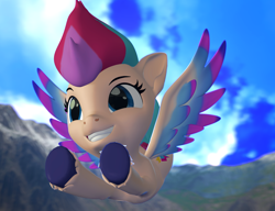 Size: 1402x1079 | Tagged: safe, artist:aleshi, imported from derpibooru, zipp storm, fly, pegasus, pony, 3d, flying, g5, mountain, my little pony: a new generation, sky, smiling, solo, source filmmaker