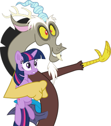 Size: 2657x3000 | Tagged: safe, artist:frownfactory, imported from derpibooru, discord, twilight sparkle, draconequus, pony, unicorn, the return of harmony, duo, ear fluff, female, frown, gritted teeth, high res, holding a pony, horn, male, mare, multicolored mane, multicolored tail, purple eyes, simple background, smiling, tail, transparent background, unicorn twilight, vector, wings