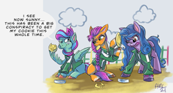 Size: 1563x836 | Tagged: safe, artist:lytlethelemur, imported from derpibooru, izzy moonbow, sunny starscout, oc, oc:gimbal lock, earth pony, pegasus, pony, unicorn, clothes, crossover, dalgona, eating, g5, jacket, my little pony: a new generation, netflix, squid game, tongue out, wing hold, wings