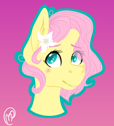 Size: 2000x2200 | Tagged: dead source, safe, artist:ivinity-art, imported from derpibooru, fluttershy, pony, alternate hairstyle, blushing, bust, ear fluff, female, flower, flower in hair, green outline, heart eyes, high res, looking at you, mare, outline, pink background, portrait, short mane, simple background, smiling, solo, three quarter view, wingding eyes