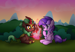 Size: 4779x3300 | Tagged: safe, artist:background basset, imported from derpibooru, amethyst star, cinder glow, sparkler, summer flare, kirin, pony, unicorn, fire, happy birthday mlp:fim, mlp fim's eleventh anniversary, sitting, sunset