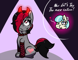 Size: 1300x1000 | Tagged: safe, artist:lazerblues, imported from derpibooru, coco pommel, oc, oc:miss eri, earth pony, pony, black and red mane, collar, devil horns, fishnets, horns, one eye closed, two toned mane, wink