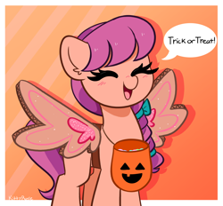 Size: 4264x3960 | Tagged: safe, artist:kittyrosie, imported from derpibooru, sunny starscout, earth pony, pony, spoiler:my little pony: a new generation, blushing, cardboard box, cardboard wings, cute, daaaaaaaaaaaw, eyes closed, fake wings, female, g5, halloween, happy, hnnng, holiday, mare, my little pony: a new generation, open mouth, open smile, pumpkin bucket, smiling, solo, sunnybetes, trick or treat