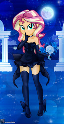 Size: 653x1253 | Tagged: safe, artist:charliexe, imported from derpibooru, sunset shimmer, equestria girls, bare shoulders, bedroom eyes, bouquet, choker, clothes, dress, evening gloves, female, flower, full moon, gloves, halloween, high heels, holiday, long gloves, marriage, moon, shhh, shoes, sleeveless, solo, stockings, strapless, thigh highs, wedding, wedding dress