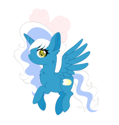 Size: 800x843 | Tagged: safe, artist:find-new-roads, imported from derpibooru, oc, oc only, oc:fleurbelle, alicorn, pony, alicorn oc, bow, chest fluff, chibi, ear fluff, eyelashes, female, flying, hair bow, horn, mare, simple background, solo, spread wings, tail, transparent background, two toned mane, two toned tail, wings, yellow eyes