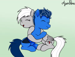 Size: 2897x2173 | Tagged: safe, artist:apexpone, imported from derpibooru, oc, oc:silver edge, pegasus, cute, high res, hug, pegasus oc