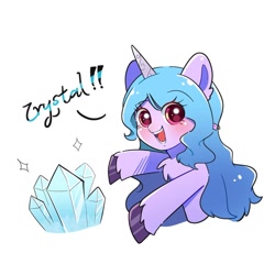 Size: 650x650 | Tagged: safe, artist:matcha_nekochan, imported from derpibooru, izzy moonbow, pony, unicorn, spoiler:my little pony: a new generation, blushing, captain obvious, chest fluff, colored pupils, crystal, cute, ear fluff, female, g5, izzybetes, looking at you, mare, my little pony: a new generation, open mouth, open smile, pointing, scene interpretation, simple background, smiling, solo, talking to viewer, text, unshorn fetlocks, white background