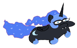 Size: 4808x3064 | Tagged: safe, artist:wren, nightmare moon, alicorn, pony, armor, big horn, fangs, female, horn, long horn, looking at you, mare, simple background, solo, squatpony, transparent background