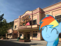 Size: 1032x774 | Tagged: safe, edit, editor:undeadponysoldier, imported from ponybooru, photographer:undeadponysoldier, rainbow dash, pony, amusement park, building, chasing rainbows, cute, dashabetes, dolly parton, dollywood, edited photo, exterior, happy, irl, museum, namesake, photo, pigeon forge, ponies in real life, smiling, solo, tennesee, vacation
