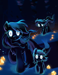 Size: 2452x3136 | Tagged: safe, artist:marbo, imported from derpibooru, imported from ponybooru, oc, oc only, earth pony, ghost, ghost pony, pony, undead, adoracreepy, creepy, crystal, cute, female, filly, foal, forest, group, looking at you, mare, night, snowpony (species), spirit, spooky, taiga pony, trio, yakutian horse