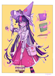 Size: 1600x2200 | Tagged: safe, artist:shpr0ta, imported from derpibooru, twilight sparkle, human, book, clothes, cutie mark accessory, dress, ear piercing, earring, female, flower, hat, humanized, jewelry, levitation, magic, magic wand, piercing, satchel, scroll, smiling, solo, telekinesis, witch hat