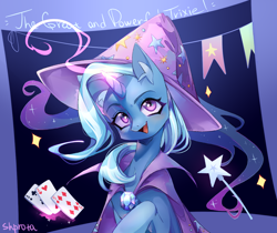 Size: 1250x1050 | Tagged: safe, artist:shpr0ta, imported from derpibooru, trixie, pony, unicorn, banner, brooch, cape, clothes, ear fluff, female, glowing, glowing horn, hat, horn, jewelry, magic, magic wand, mare, open mouth, playing card, solo, telekinesis, trixie's brooch, trixie's cape, trixie's hat