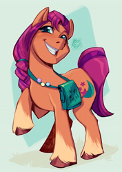 Size: 2480x3508 | Tagged: safe, artist:kaola_rivas, imported from derpibooru, sunny starscout, earth pony, pony, female, g5, high res, mare, my little pony: a new generation, pin, satchel, smiling, solo