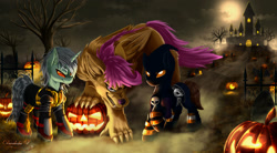 Size: 2000x1100 | Tagged: safe, artist:darksly, imported from derpibooru, scootaloo, oc, hengstwolf, pegasus, pony, unicorn, werewolf, castle, clothes, cloud, commission, dark sky, dirt road, full moon, halloween, holiday, jack-o-lantern, moon, not lyra, pumpkin, raised hoof, scootawolf, sky, species swap, trio