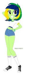 Size: 1140x2836 | Tagged: safe, artist:kellysweet1, imported from derpibooru, oc, oc only, oc:maria potranca, equestria girls, belly button, blushing, bracelet, clothes, commission, converse, equestria girls-ified, female, grin, jewelry, midriff, shirt, shoes, shorts, simple background, smiling, sneakers, socks, solo, t-shirt, transparent background, wristband