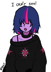 Size: 1446x2039 | Tagged: safe, artist:tacoman dusct, imported from derpibooru, part of a set, twilight sparkle, equestria girls, alternate hairstyle, bangs, black, choker, clothes, cutie mark, cutie mark on clothes, emo, goth, hair covering face, hair over eyes, shoulderless, simple background, solo, studded choker, sweater, text