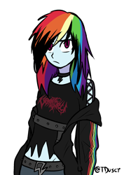 Size: 1446x2039 | Tagged: safe, artist:tacoman dusct, imported from derpibooru, part of a set, rainbow dash, equestria girls, angry, belts, black, black hair, black shirt, choker, clothes, death metal, emo, emo dash, hoodie, scene kid, simple background, solo