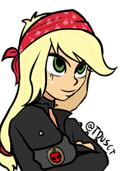 Size: 2039x2893 | Tagged: safe, artist:tacoman dusct, imported from derpibooru, part of a set, applejack, equestria girls, armband, bandana, black, choker, clothes, crossed arms, headband, high res, jacket, leather jacket, makeup, metalhead, rocker, simple background, smiling, solo, spiked choker