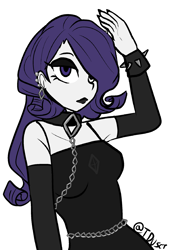 Size: 1446x2039 | Tagged: safe, artist:tacoman dusct, imported from derpibooru, part of a set, rarity, equestria girls, black, black dress, black lipstick, choker, clothes, dress, ear piercing, earring, female, gloves, goth, gothic, jewelry, lidded eyes, lipstick, makeup, piercing, simple background, solo, spiked wristband, wristband