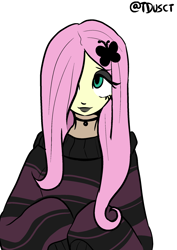 Size: 1446x2039 | Tagged: safe, artist:tacoman dusct, imported from derpibooru, part of a set, fluttershy, butterfly, equestria girls, black, black lipstick, choker, clothes, cutie mark accessory, cutie mark hair accessory, emo, hair accessory, hair over one eye, hairclip, lipstick, makeup, oversized clothes, simple background, solo, striped sweater, sweater, sweatershy