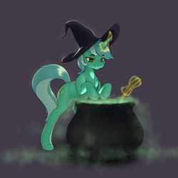 Size: 3050x3050 | Tagged: safe, artist:aquaticvibes, imported from derpibooru, lyra heartstrings, pony, unicorn, cauldron, female, glowing, glowing horn, halloween, hat, high res, holiday, horn, mare, simple background, smiling, solo, spoon, witch hat