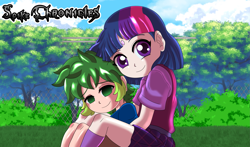 Size: 3529x2079 | Tagged: safe, artist:cmacx, imported from derpibooru, spike, twilight sparkle, human, anime, female, high res, humanized, male, no pupils, sparkle siblings, younger