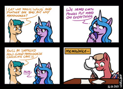 Size: 1280x934 | Tagged: safe, artist:poecillia-gracilis19, imported from derpibooru, hitch trailblazer, izzy moonbow, sprout cloverleaf, earth pony, pony, unicorn, 4 panel comic, bracelet, comic, dialogue, food, g5, jewelry, mayonnaise, my little pony: a new generation, sauce