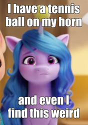 Size: 511x726 | Tagged: safe, edit, edited screencap, imported from derpibooru, screencap, izzy moonbow, pony, unicorn, spoiler:my little pony: a new generation, :c, ball, caption, cropped, female, frown, g5, horn, hornball, image macro, izzy's tennis ball, mare, my little pony: a new generation, solo, tennis ball, text