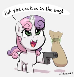 Size: 1428x1478 | Tagged: safe, artist:heretichesh, imported from derpibooru, sweetie belle, pony, unicorn, bag, cute, dexterous hooves, diasweetes, eye clipping through hair, female, filly, glowing, glowing horn, gun, handgun, hoof hold, horn, levitation, magic, magnetic hooves, pistol, robbery, sack, simple background, solo, speech bubble, telekinesis, tooth gap, white background