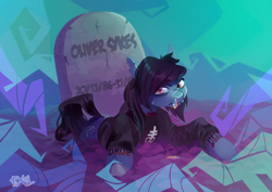 Size: 2000x1419 | Tagged: safe, artist:pixelgreen, imported from derpibooru, earth pony, pony, undead, zombie, zombie pony, blood, bone, bring me the horizon, clothes, commission, drop dead clothing, fangs, gravestone, long sleeves, looking at you, male, nosebleed, oliver sykes, ponified, rainbow blood, shirt, solo, stallion, tattoo, torn ear, ych result