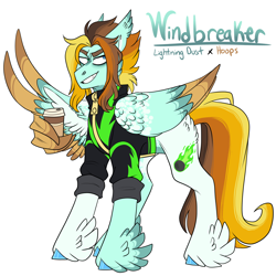 Size: 3000x3000 | Tagged: safe, artist:gingygin, imported from derpibooru, oc, oc only, oc:windbreaker, pegasus, pony, clothes, coffee cup, cup, feathered fetlocks, high res, male, offspring, parent:hoops, parent:lightning dust, parents:hoopsdust, simple background, solo, stallion, uniform, washouts uniform, white background, wing hands, wings