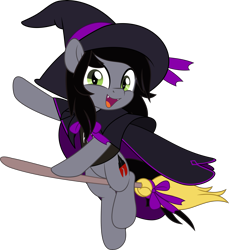 Size: 4585x5000 | Tagged: safe, artist:jhayarr23, imported from derpibooru, pony, unicorn, bow, broom, cape, clothes, commission, disguise, disguised siren, fangs, flying, halloween, happy, hat, holiday, kellin quinn, looking at you, male, open mouth, ponified, raised hoof, shirt, simple background, sleeping with sirens, slit pupils, stallion, t-shirt, transparent background, witch, witch hat, ych result