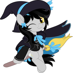 Size: 5005x5000 | Tagged: safe, artist:jhayarr23, imported from derpibooru, oc, oc only, oc:lightning dee, pegasus, bow, bring me the horizon, broom, cape, clothes, colored sclera, commission, fangs, female, flying, folded wings, halloween, happy, hat, holiday, looking at you, mare, one eye closed, simple background, smiling, spiked wristband, transparent background, wings, wink, witch, witch hat, wristband, ych result