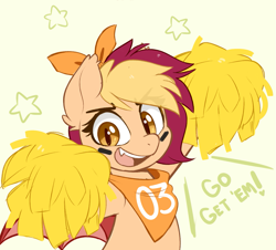 Size: 1287x1163 | Tagged: safe, artist:higgly-chan, imported from derpibooru, oc, oc only, oc:pep rally, bat pony, pony, bandana, bat pony oc, bow, cheerleader, cute, cute little fangs, dialogue, face paint, fangs, female, hair bow, looking at you, mare, open mouth, pom pom, simple background, smiling, smiling at you, white background