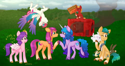 Size: 3420x1809 | Tagged: safe, artist:cartoonboyfriends, imported from derpibooru, hitch trailblazer, izzy moonbow, pipp petals, sprout cloverleaf, sunny starscout, zipp storm, earth pony, pegasus, pony, unicorn, america first, bracelet, cloudpuff, colored wings, critter magnet, emperor sprout, female, g5, implied kissing, izzyscout, jewelry, lesbian, lesbian in front of boys, male, mane five (g5), mare, multicolored wings, my little pony: a new generation, new mane six (g5), parody, shipping, sign, smoke, stallion, wings