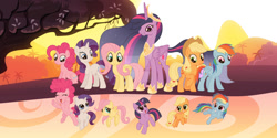 Size: 1024x511 | Tagged: safe, artist:velveagicsentryyt, imported from derpibooru, applejack, fluttershy, pinkie pie, rainbow dash, rarity, twilight sparkle, alicorn, earth pony, pegasus, pony, unicorn, the last problem, female, filly, filly applejack, filly fluttershy, filly pinkie pie, filly rainbow dash, filly rarity, filly twilight sparkle, mane six, mare, older, older twilight, princess twilight 2.0, reflection, twilight sparkle (alicorn), younger