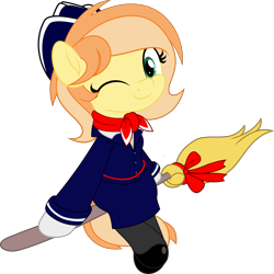 Size: 4997x5000 | Tagged: safe, artist:jhayarr23, imported from derpibooru, oc, oc only, oc:fruitlines, earth pony, pony, absurd resolution, broom, female, flight attendant, flying, flying broomstick, looking at you, mare, simple background, solo, stewardess, transparent background