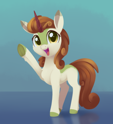 Size: 912x1000 | Tagged: safe, artist:dusthiel, imported from derpibooru, autumn blaze, pony, unicorn, colored horn, frog (hoof), horn, open mouth, open smile, ponified, ponytober, smiling, solo, species swap, underhoof, waving