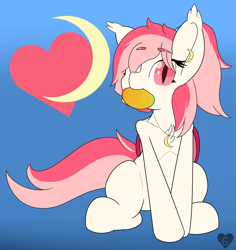 Size: 3075x3263 | Tagged: safe, artist:gnashie, imported from derpibooru, oc, oc only, oc:blood moon, bat pony, pony, abstract background, bat pony oc, blind eye, curious, cutie mark, ear fluff, ear piercing, earring, fangs, food, herbivore, high res, jewelry, looking at you, mango, necklace, piercing, ponytail, sitting, solo, wings