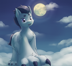 Size: 5407x5000 | Tagged: safe, artist:aquoquoo, imported from derpibooru, rumble, hengstwolf, pegasus, pony, werewolf, cheek fluff, chest fluff, claws, cloud, ear fluff, fangs, moon, on a cloud, open mouth, solo
