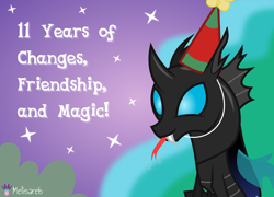 Size: 5556x4000 | Tagged: safe, artist:melisareb, imported from derpibooru, changeling, .svg available, :p, absurd resolution, fangs, forked tongue, happy birthday mlp:fim, hat, kevin, male, mlp fim's eleventh anniversary, party hat, raspberry, solo, stallion, text, tongue out, vector